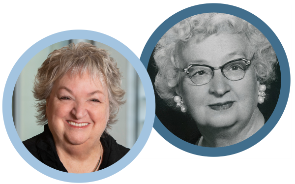 Betsy_Lucy_circles_v4 Two women with glasses pose side by side, featuring a large blue circle behind them.