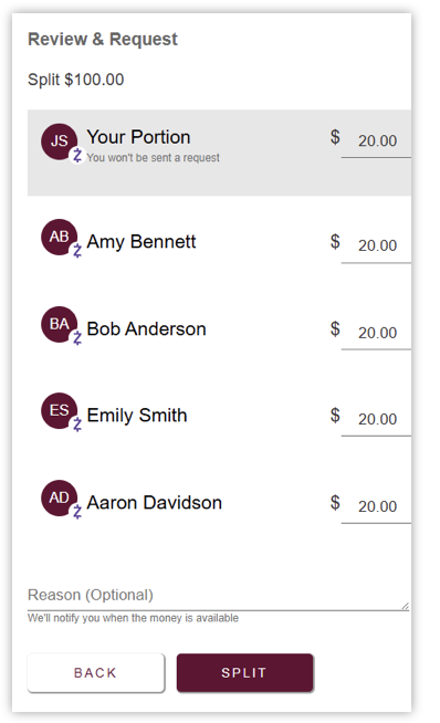 Zelle - Review and Request Split